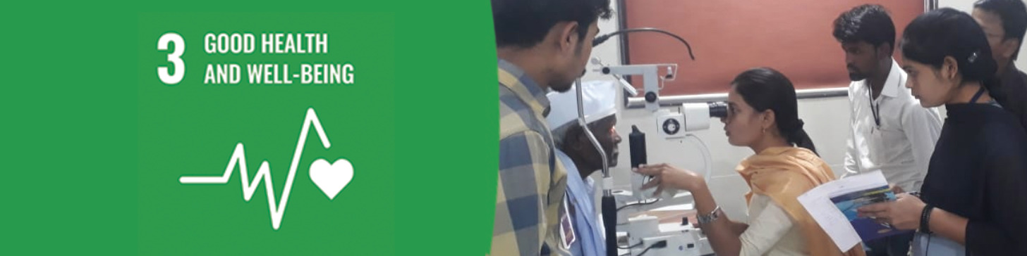 A woman checks the eyesight of a senior man using slit lamp while a few other staff observe. The text on the image says SDG Goal 3 Good Health and Well Being.