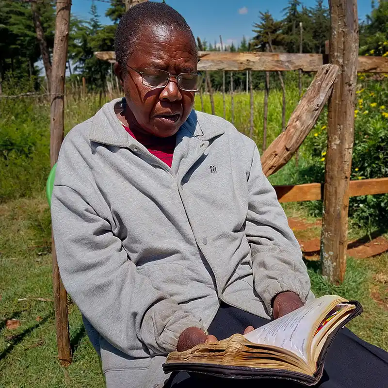 A woman sits outside reading a book, wearing a grey sweatshirt and a pair of reading glasses.