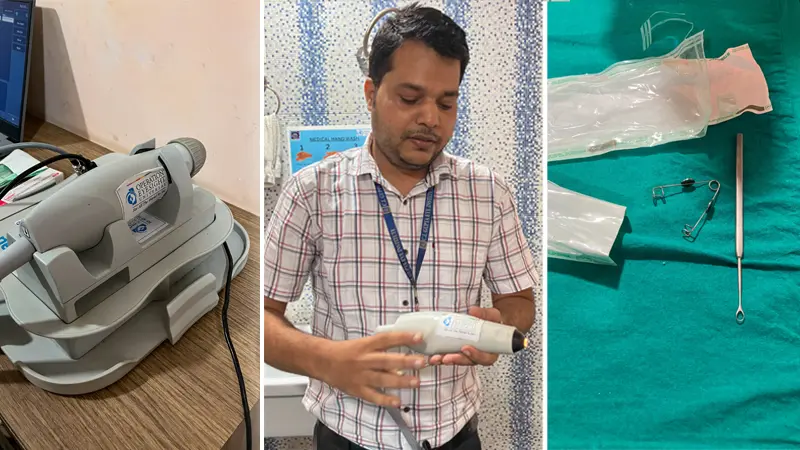 Three panel collage shows a medical device at far left, a health worker holding a device in centre, and more health equipment on the right.