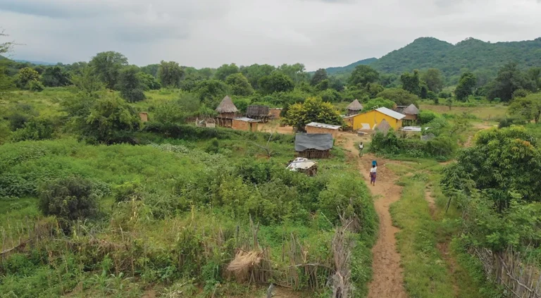 A village in rural Zambia with a reddish dirt road leading into it and forested hills in the background.